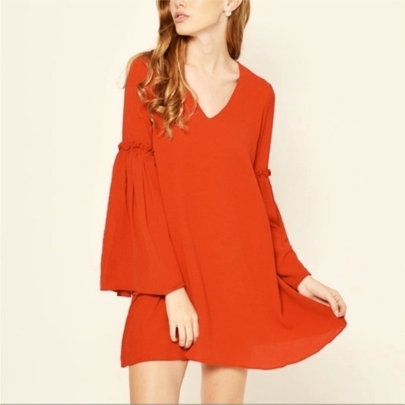 Zara Dresses & Skirts - ZARA Orange V-neck dress with bell sleeves  EUC